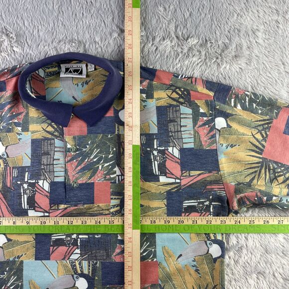 Vintage Allen Wah Polo Shirt Mens Large Red Blue Yellow Toucan All Over Print - Picture 6 of 10